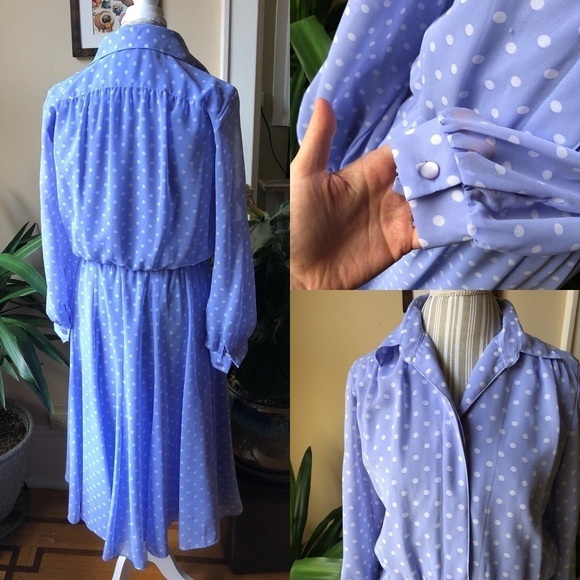 Vintage Draper’s Periwinkle Long Sleeve Button Polka Dot Dress - Picture 2 of 4